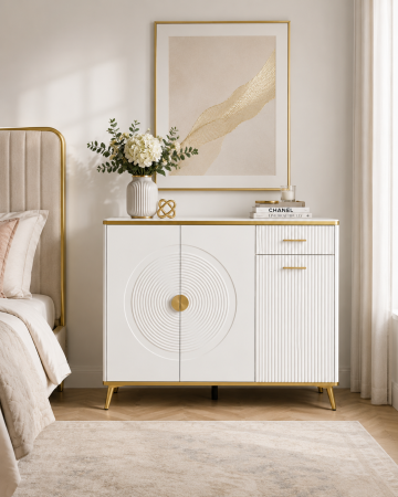 CABINETE - Comodă depozitare 112 MDF alb lucios cu accente aurii, model raze de soare, 120 cm