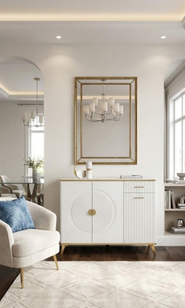 CABINETE - Comodă depozitare 112 MDF alb lucios cu accente aurii, model raze de soare, 120 cm