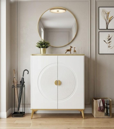 CABINETE - Comodă modernă 112 MDF alb cu blat compozit marmură, model circular 3D, 80 cm