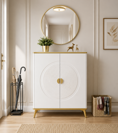 CABINETE - Comodă modernă 112 MDF alb cu blat compozit marmură, model circular 3D, 80 cm