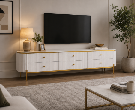 CABINETE - Comodă TV 810 cu cadru auriu și blat marmură – alb sau negru