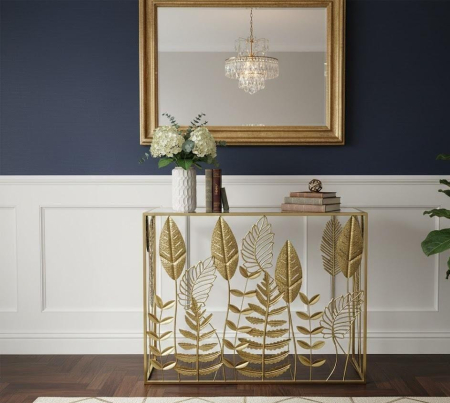 MOBILIER - Consolă metalică aurie 60995 cu blat oglindă și decor frunze, L97 cm