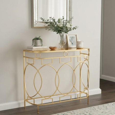 MOBILIER - Consolă metalică aurie 61071 S cu design geometric și blat oglindă, L90 cm