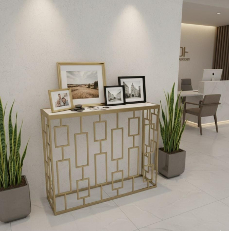 MOBILIER - Consolă metalică aurie 82023 cu blat oglindă, design geometric modern