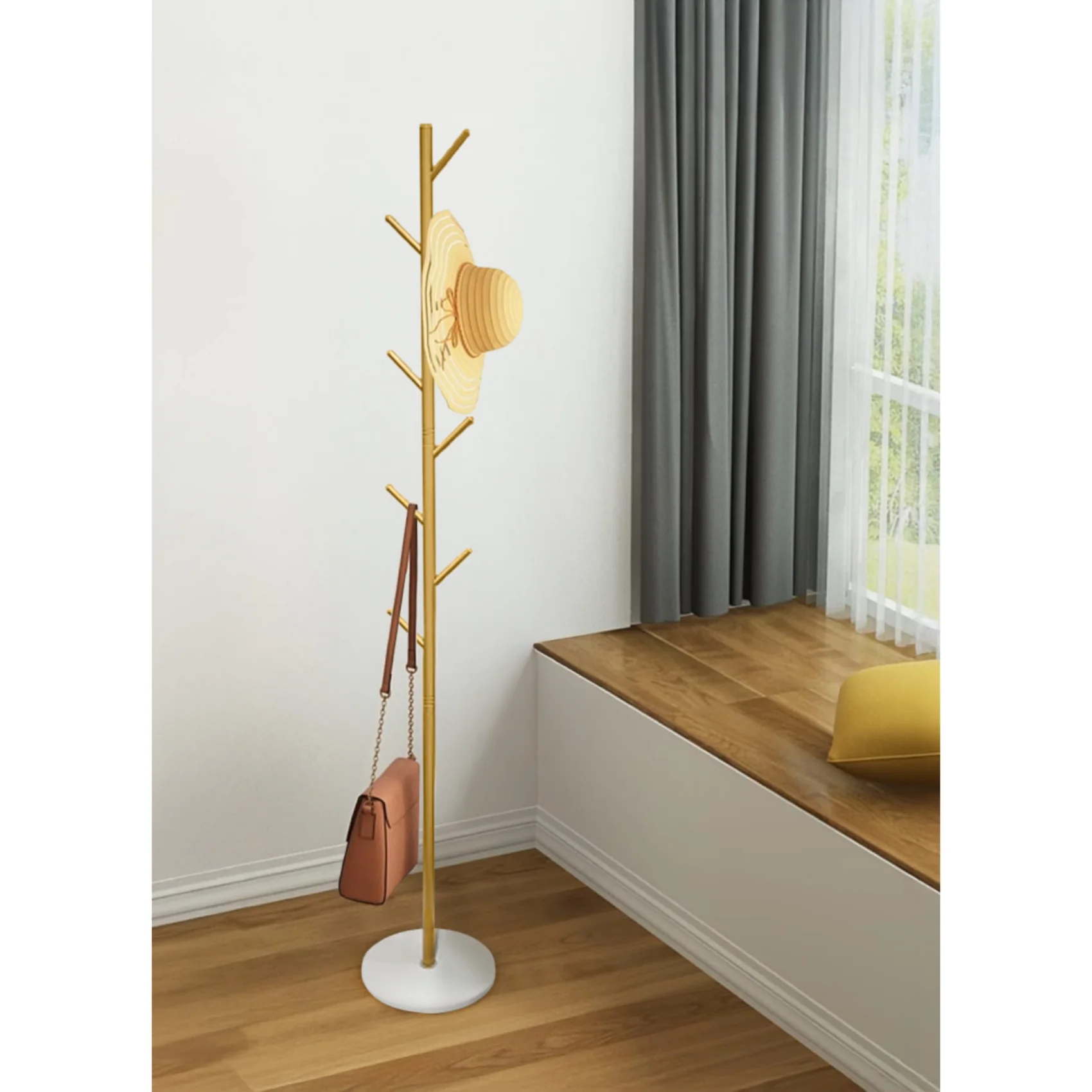 PROMOTII - Cuier vertical metal auriu cu bază piatră albă, 8 cârlige, 170 cm
