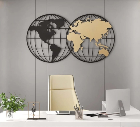 DECORATIUNI - Decor de Perete Hartă a Lumii Modernă, Metal Negru și Auriu, Design Geometric, 110×60 cm