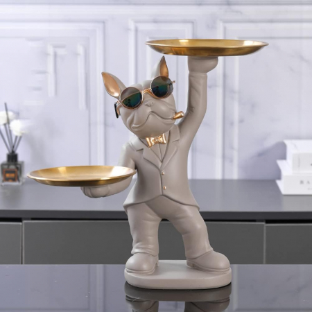 Decoratiune 4090 câine Gri cu două tăvi aurii – elegantă și funcțională [1]
