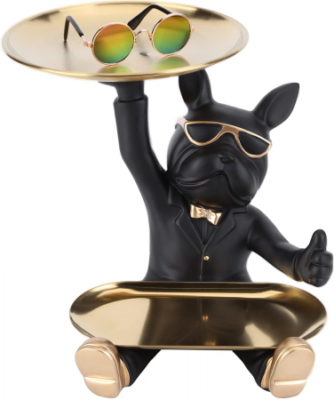 DECORATIUNI - Statuie decorativă 4318 câine cu 2 tăvi aurii – elegantă și funcțională