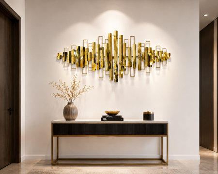 DECORATIUNI - Decorațiune de perete metalică model 61052 auriu lucios cu forme geometrice 3D, 168x65 cm