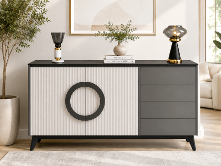CABINETE - Dulap Gri din Lemn cu 3 Uși și Mânere Circulare