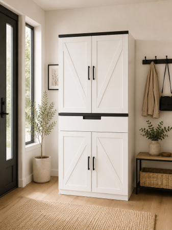 RAFTURI - Dulap rustic A11 din lemn, alb sau stejar natural, cu mânere metalice negre, design clasic, 180 cm înălțime