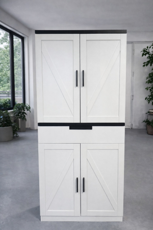 MOBILIER - Dulap rustic A11 din lemn, alb sau stejar natural, cu mânere metalice negre, design clasic, 180 cm înălțime