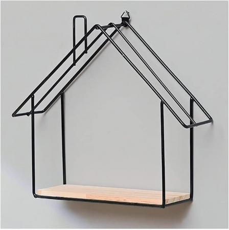 DECORATIUNI - Etajeră de perete A1323 BK, cadru din fier și poliță din lemn – design casă modern