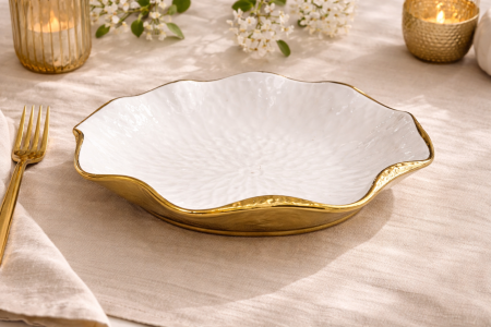Accesorii bucătărie & dining - Farfurie adâncă albă cu margine aurie ondulată Ø25 cm model 1224-12