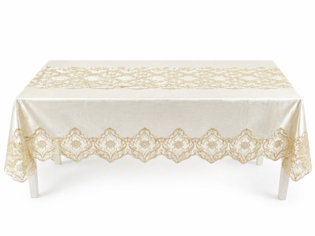 Accesorii bucătărie & dining - Fata de masa crem ivory 1606 cu broderie macrame si insertii aurii 150x220 cm