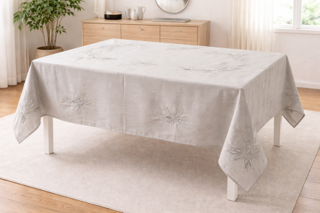 Accesorii bucătărie & dining - Față de masă gri 9085 cu broderie vegetală lucioasă și chenar decorativ 150x220 cm