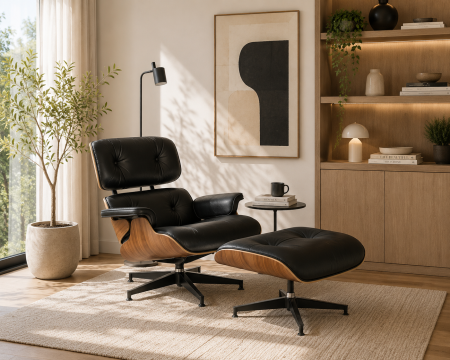 MOBILIER BIROU - Fotoliu CF-16 Negru, piele și bază lemn laminat, ergonomic, cu taburet, 84x85-92x38/89 cm