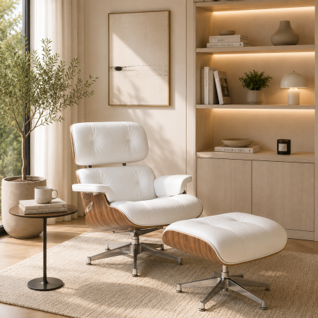 MOBILIER BIROU - Fotoliu CF16 B Alb, piele și bază lemn laminat, ergonomic, cu taburet, 84x85-92x38/89 cm