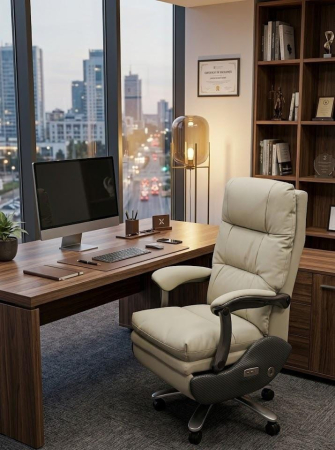 MOBILIER BIROU - Fotoliu directorial ergonomic A 529 bej, piele ecologică, suport picioare retractabil și reglaj electric, 120 cm