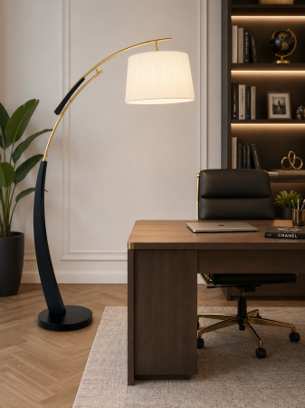 VEIOZE SI LAMPADARE - Lampadar 6551 – Metal Auriu & Negru, Abajur Crem – H 185 cm