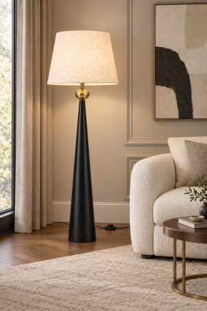 VEIOZE SI LAMPADARE - Lampadar 8443 din metal negru cu ornament auriu și abajur textil bej