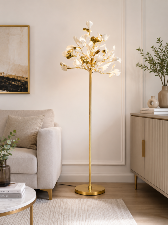 VEIOZE SI LAMPADARE - Lampadar 9080 metal auriu cu design floral și frunze albe decorative, 5×E14