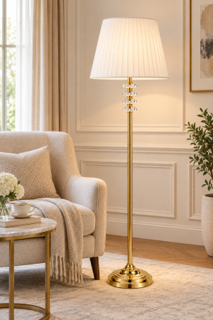 VEIOZE SI LAMPADARE - Lampadar 9418 auriu cu abajur textil alb plisat