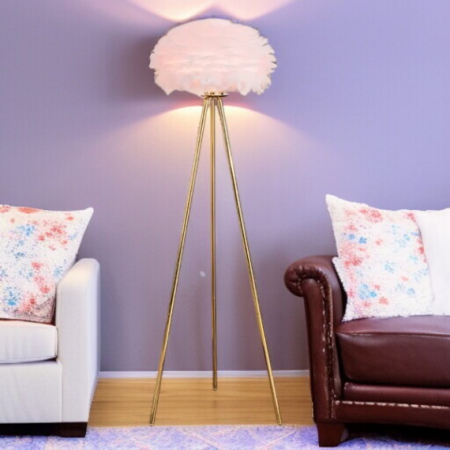 VEIOZE SI LAMPADARE - Lampadar FL19287 cu pene albe și trepied auriu, Ø40 cm, H160 cm