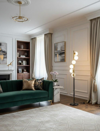 VEIOZE SI LAMPADARE - Lampadar modern 5008/6 din metal negru și auriu cu 6 globuri din sticlă albă, H 155 cm