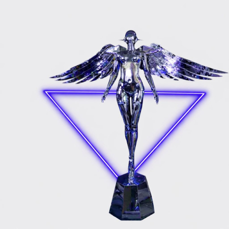 VEIOZE SI LAMPADARE - Lampadar sculptural K 8801, rășină cromată tip oglindă, înger cu aripi metalice și LED albastru, H 220 cm