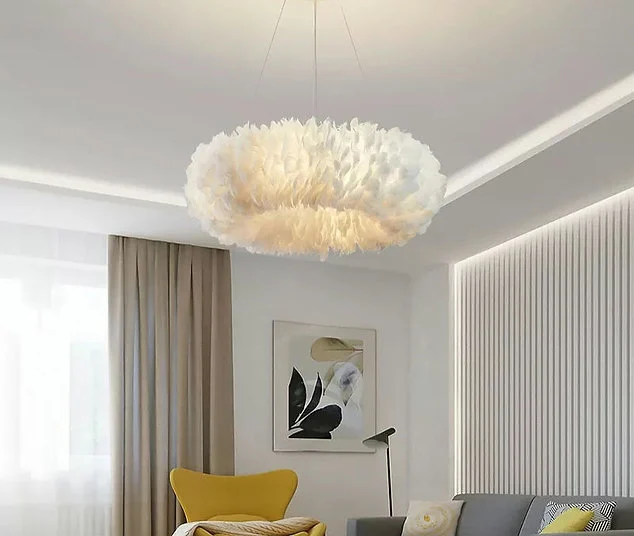 LUSTRE - Lustră 1098 cu pene naturale albe, design nor de puf, suspendată, Ø50 / Ø60 cm