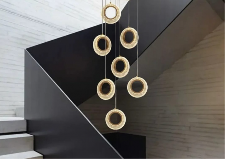 PROMOTII - Lustră LED 229/7 – inele acril și metal auriu, lumină caldă, rece și neutră, 35+9W, design modern și elegant