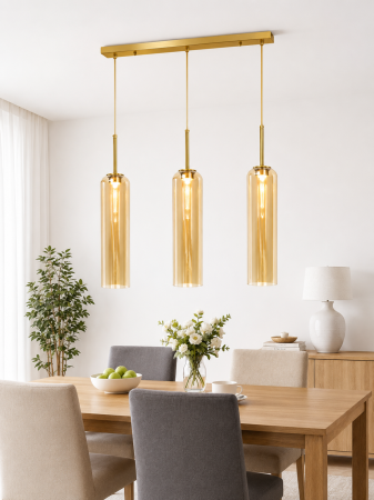 LUSTRE - Lustră 2315/3 cu 3 pendule reglabile, abajururi din sticlă ambre și structură aurie