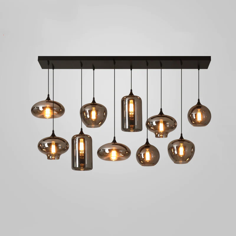 Lustra 2370 – metal negru + globuri sticlă amber, E27, design modern, 5 sau 10 socluri [1]