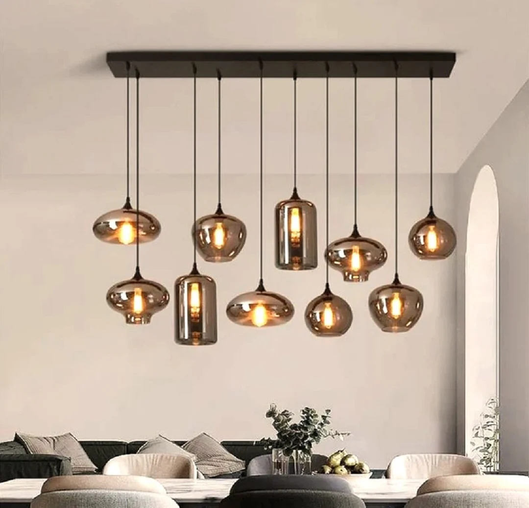 LUSTRE - Lustra 2370 – metal negru + globuri sticlă amber, E27, design modern, 5 sau 10 socluri