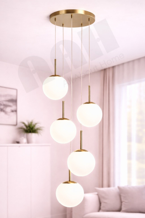 Lustră 2403/5 suspendată cu 5 pendule aurii și globuri din sticlă mată albă