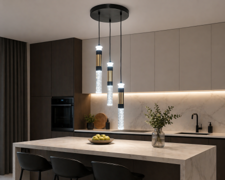 LUSTRE - Lustra 2512/3 – Modernă, 3 pendule LED, design negru-auriu cu sticlă, înălțime reglabilă