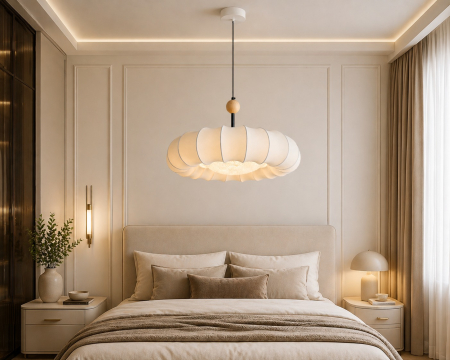 LUSTRE - Lustra 2613/500 textila alba cu sfera lemn natur 50 cm