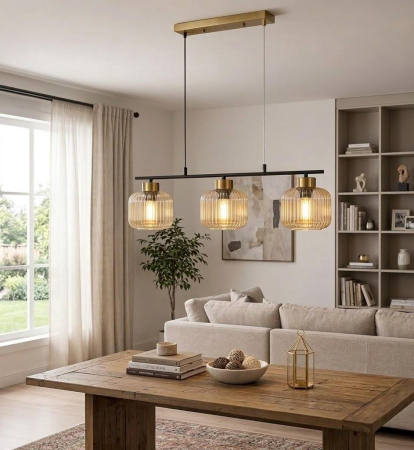 LUSTRE - Lustră 2615/3 negru auriu sticlă striată 3 pendule