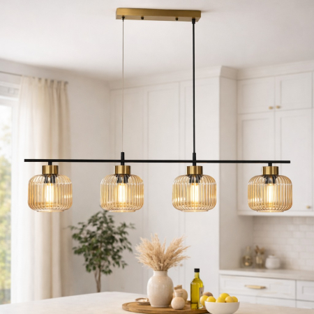 LUSTRE - Lustră 2615/4 Metal Negru Mat Alamă 4 Abajururi Sticlă Ambra 100cm