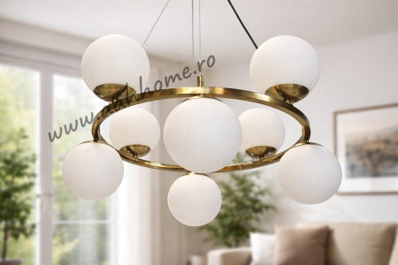 LUSTRE - Lustra aurie moderna 2618/8 cu 8 globuri din sticla alba