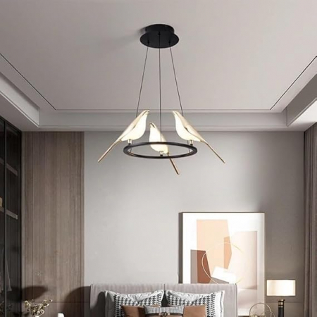 Lustra 3002/3D – metal negru, 3 păsări decorative, 30W, 40 cm diametru, lumini caldă/rece/neutră [1]
