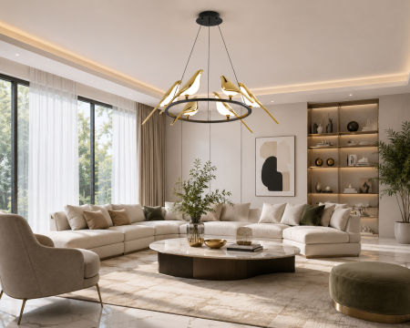 LUSTRE - Lustra 3002/6 BK – Rotundă cu 6 păsări decorative, 60W, LED, 65 cm, elegantă și sofisticată