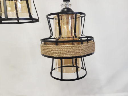 Lustră 3049/3 rustică, 3 pendule din metal negru și sticlă aurie cu sfoară decorativă, cabluri reglabile [2]