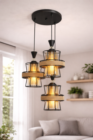 LUSTRE - Lustră 3049/3 rustică, 3 pendule din metal negru și sticlă aurie cu sfoară decorativă, cabluri reglabile
