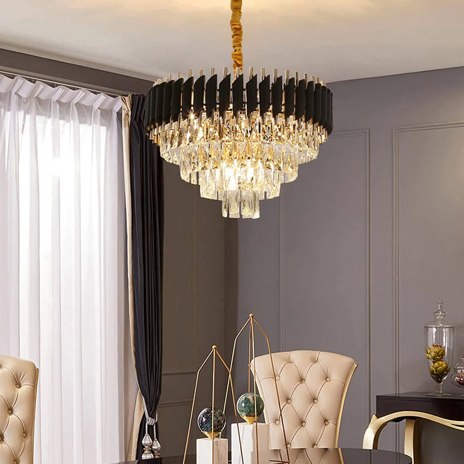 LUSTRE - Candelabru 98142/500 GD-BK, cristale K9, 11xE14, negru și auriu – clasic și modern, 50 cm diametru