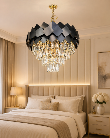 LUSTRE - Lustra 3362/400 BK – Design modern cu bază aurie, plăci negre și sticlă tip cristal, Ø40 cm, 6 becuri E14