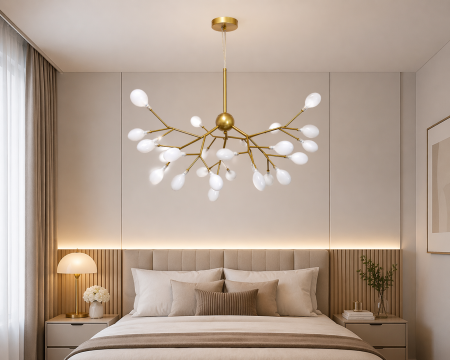 LUSTRE - Lustra 5001/27 GD – 27 becuri G4, metal auriu + globuri albe din sticlă, design modern elegant