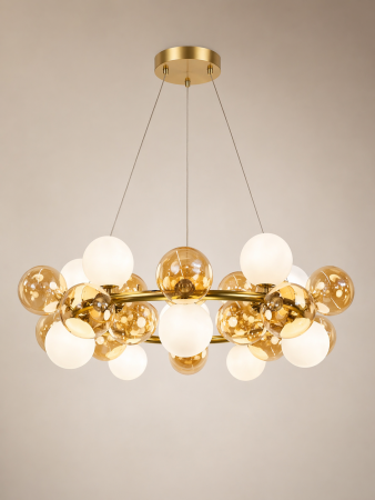 LUSTRE - Lustră 5090/30 – 30 Becuri G9, Metal Auriu și Globuri Sticlă Alb/Auriu, Modernă