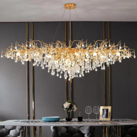 Candelabru 6113/1600 GD – Ramură aurie cu picături de sticlă, 10 x E14, lungime 160 cm